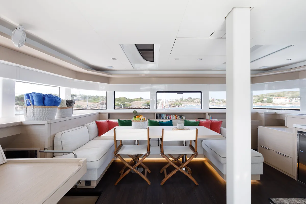 Salon of Adel, a Lagoon 55 catamaran at Lavrion, Greece