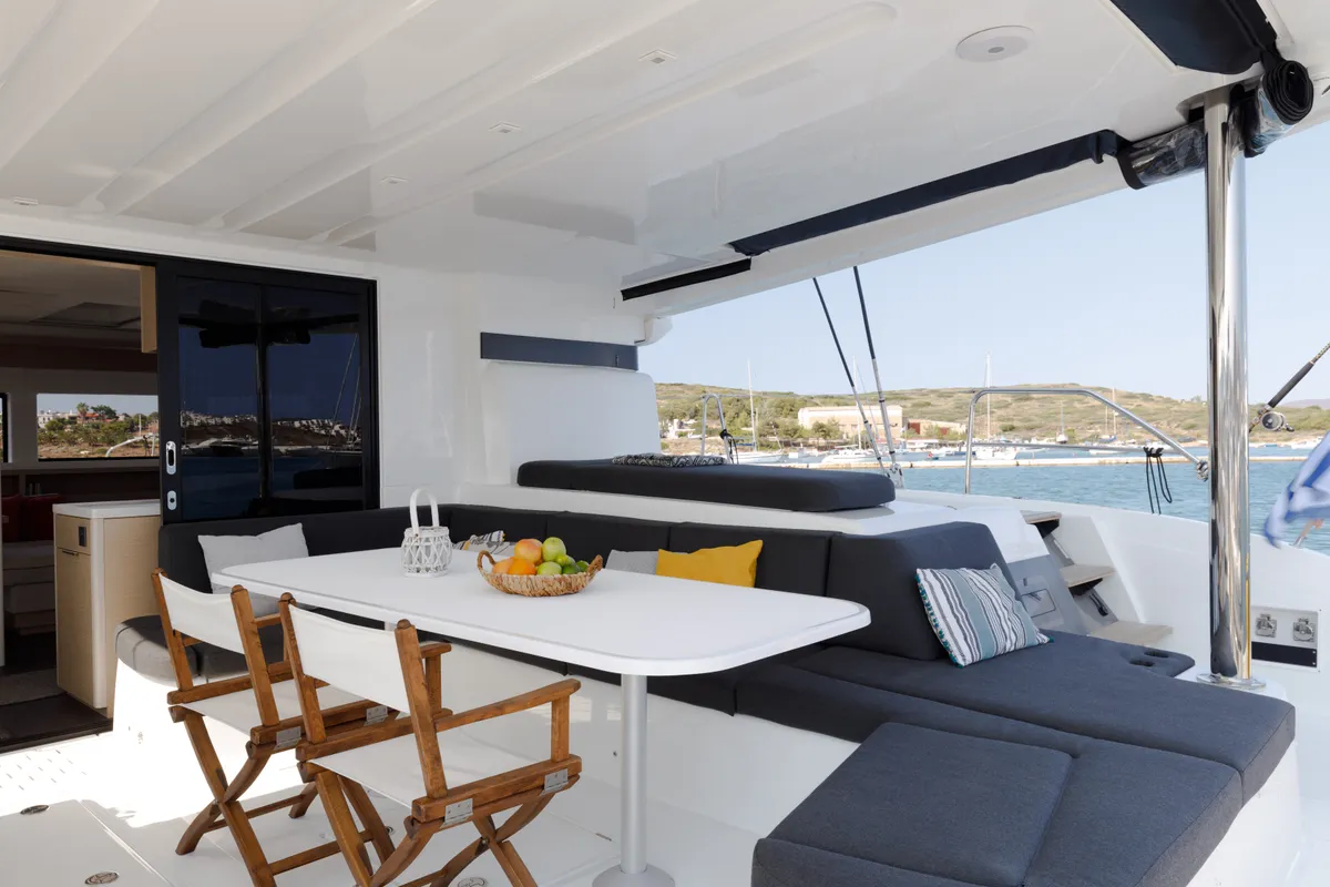 Deck of Adel, a Lagoon 55 catamaran at Lavrion, Greece
