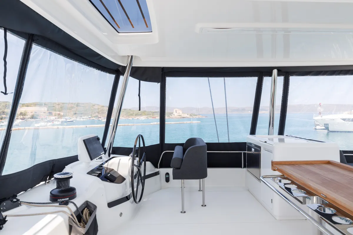 Cockpit of Adel, a Lagoon 55 catamaran at Lavrion, Greece