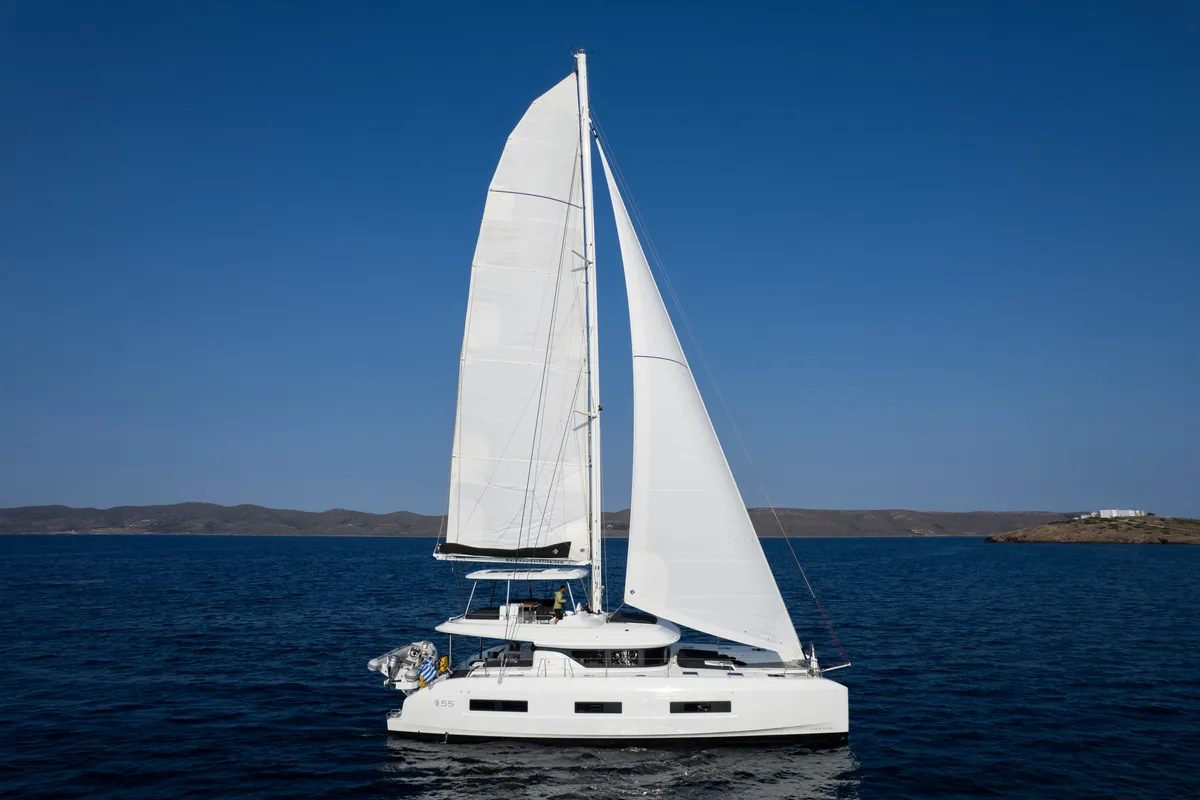 Exterior view of Adel, a Lagoon 55 catamaran at Lavrion, Greece