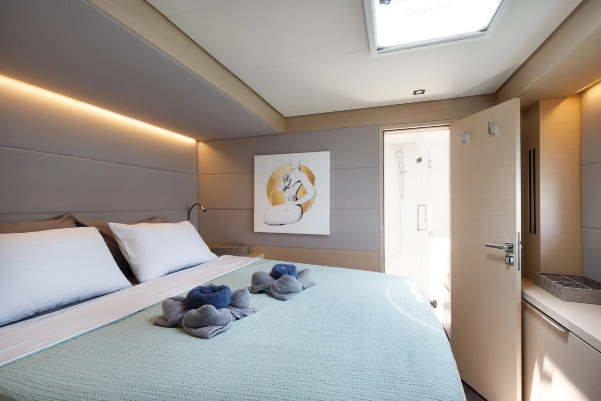 Cabin on Adel, a Lagoon 55 catamaran at Lavrion, Greece