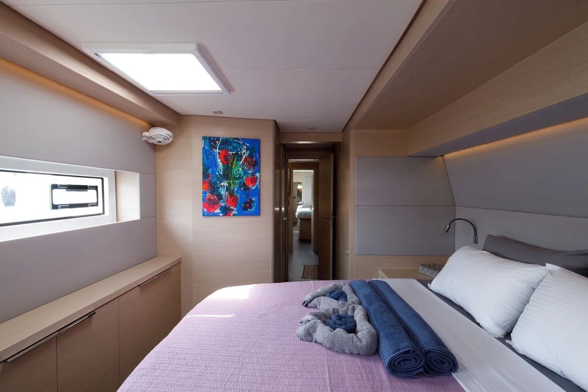 Cabin on Adel, a Lagoon 55 catamaran at Lavrion, Greece