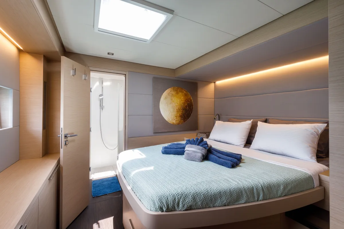Cabin on Adel, a Lagoon 55 catamaran at Lavrion, Greece