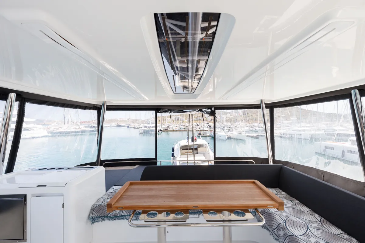 Cockpit of Adel, a Lagoon 55 catamaran at Lavrion, Greece