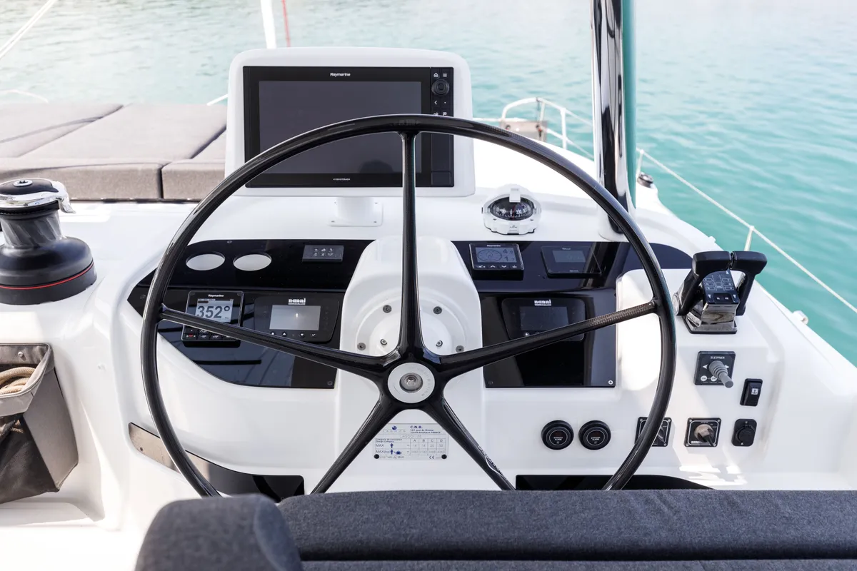 Cockpit of Adel, a Lagoon 55 catamaran at Lavrion, Greece