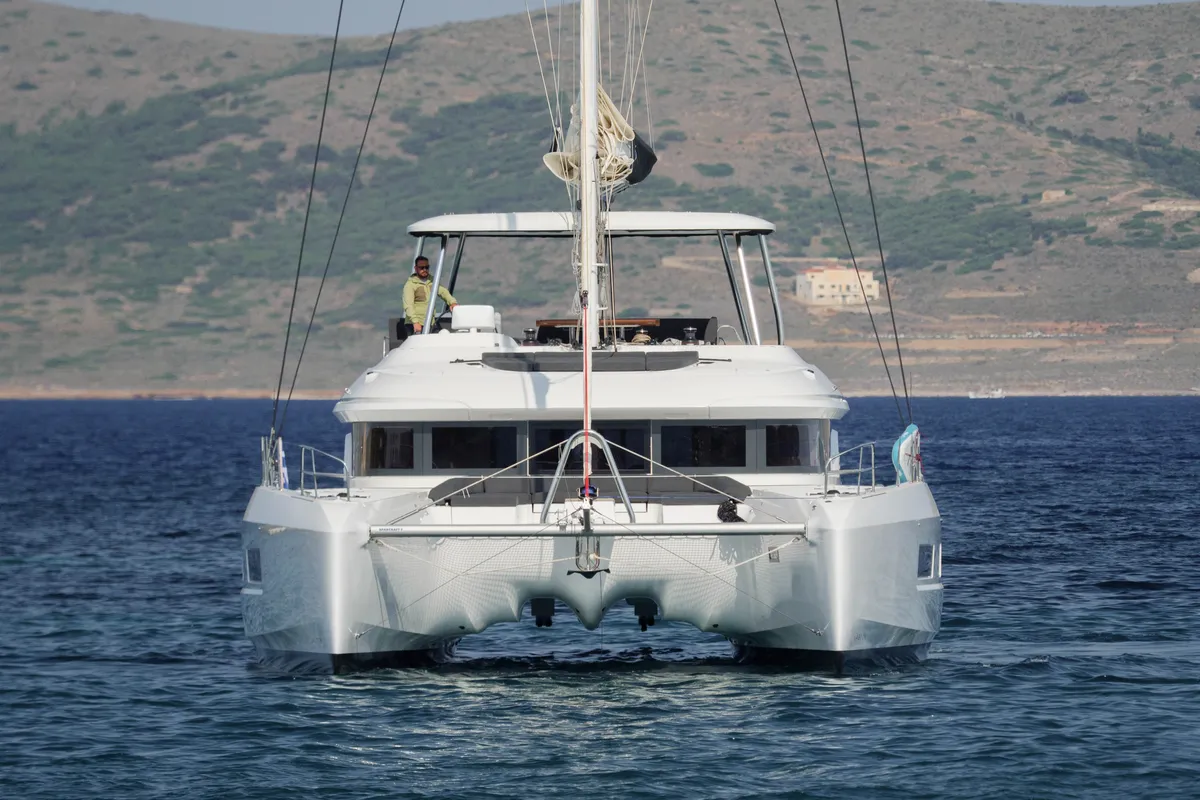 Exterior view of Adel, a Lagoon 55 catamaran at Lavrion, Greece