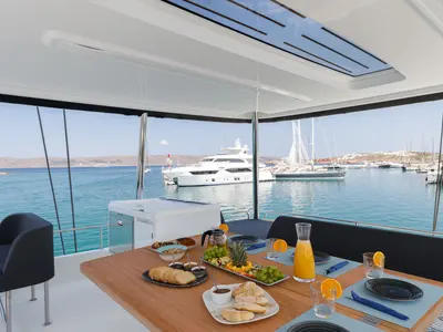 Deck of Adel, a Lagoon 55 catamaran at Lavrion, Greece