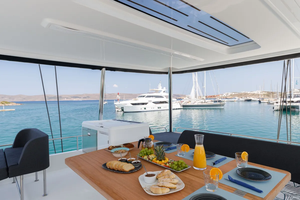 Deck of Adel, a Lagoon 55 catamaran at Lavrion, Greece