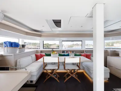 Salon of Adel, a Lagoon 55 catamaran at Lavrion, Greece