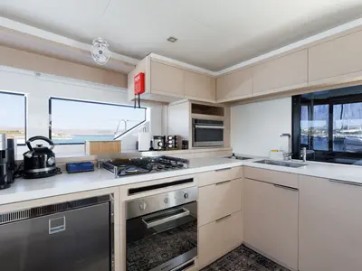 Galley of Adel, a Lagoon 55 catamaran at Lavrion, Greece
