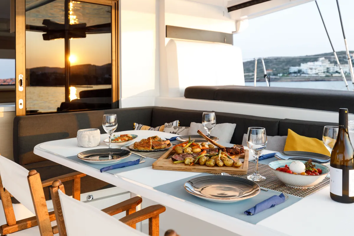 Deck of Adel, a Lagoon 55 catamaran at Lavrion, Greece