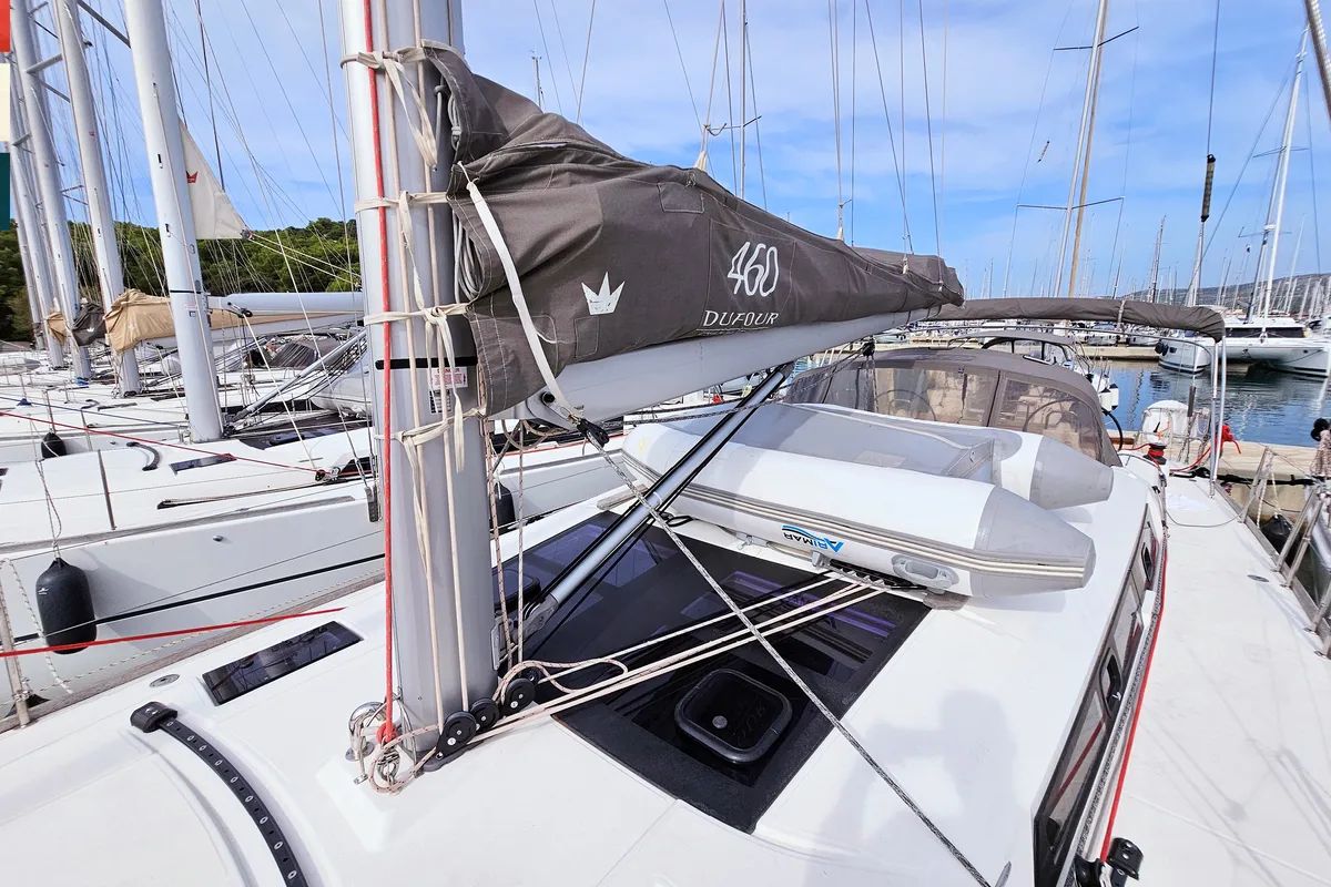 Exterior view of Rubato, a Dufour 460 GL sailboat at Kaštela, Croatia