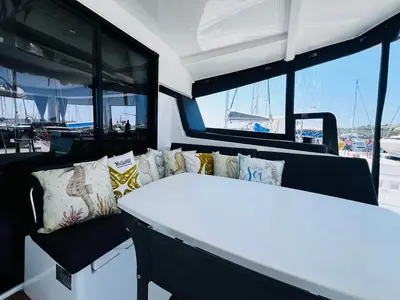 Salon of BANGA, a Lagoon 42 catamaran at Grad Šibenik, Croatia