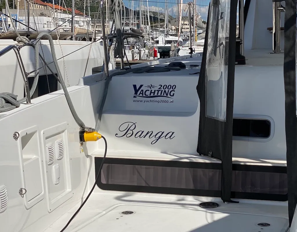 Exterior view of BANGA, a Lagoon 42 catamaran at Grad Šibenik, Croatia