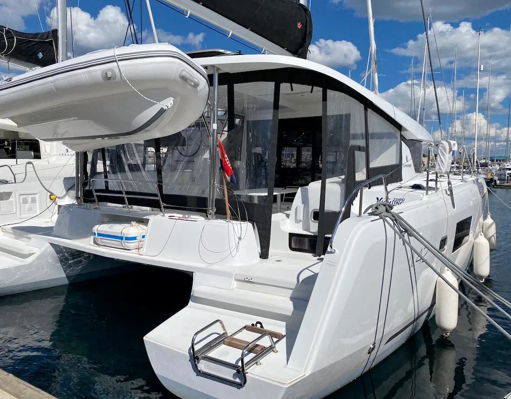 Exterior view of BANGA, a Lagoon 42 catamaran at Grad Šibenik, Croatia