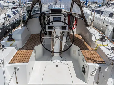 Cockpit of Hija del Viento, a Jeanneau Sun Odyssey 319 sailboat at Palermo, Italy