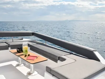 Deck of El Mar, a Dufour 48 Cat catamaran at Sant Antoni de Portmany, Spain