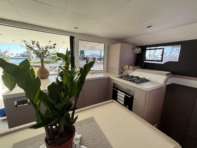 Galley of El Mar, a Dufour 48 Cat catamaran at Sant Antoni de Portmany, Spain