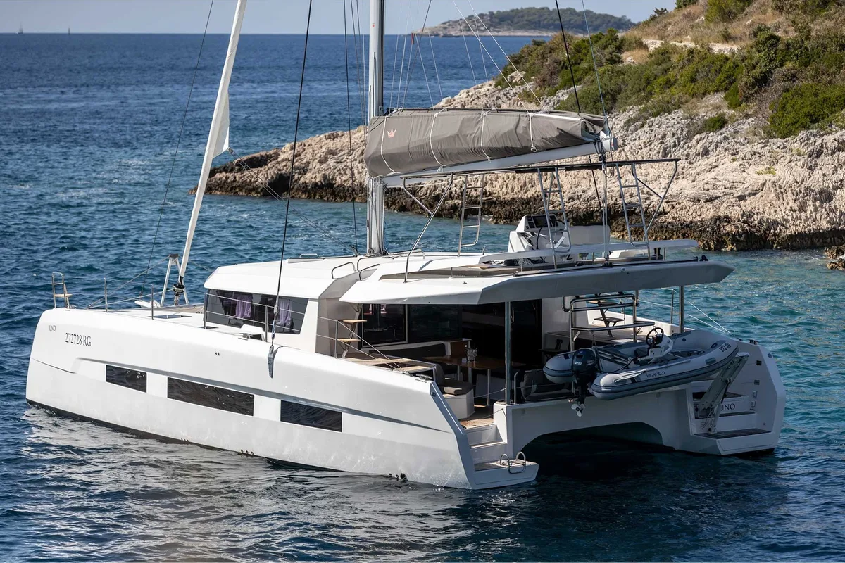 Exterior view of El Mar, a Dufour 48 Cat catamaran at Sant Antoni de Portmany, Spain