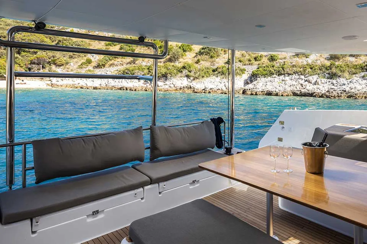 Deck of El Mar, a Dufour 48 Cat catamaran at Sant Antoni de Portmany, Spain