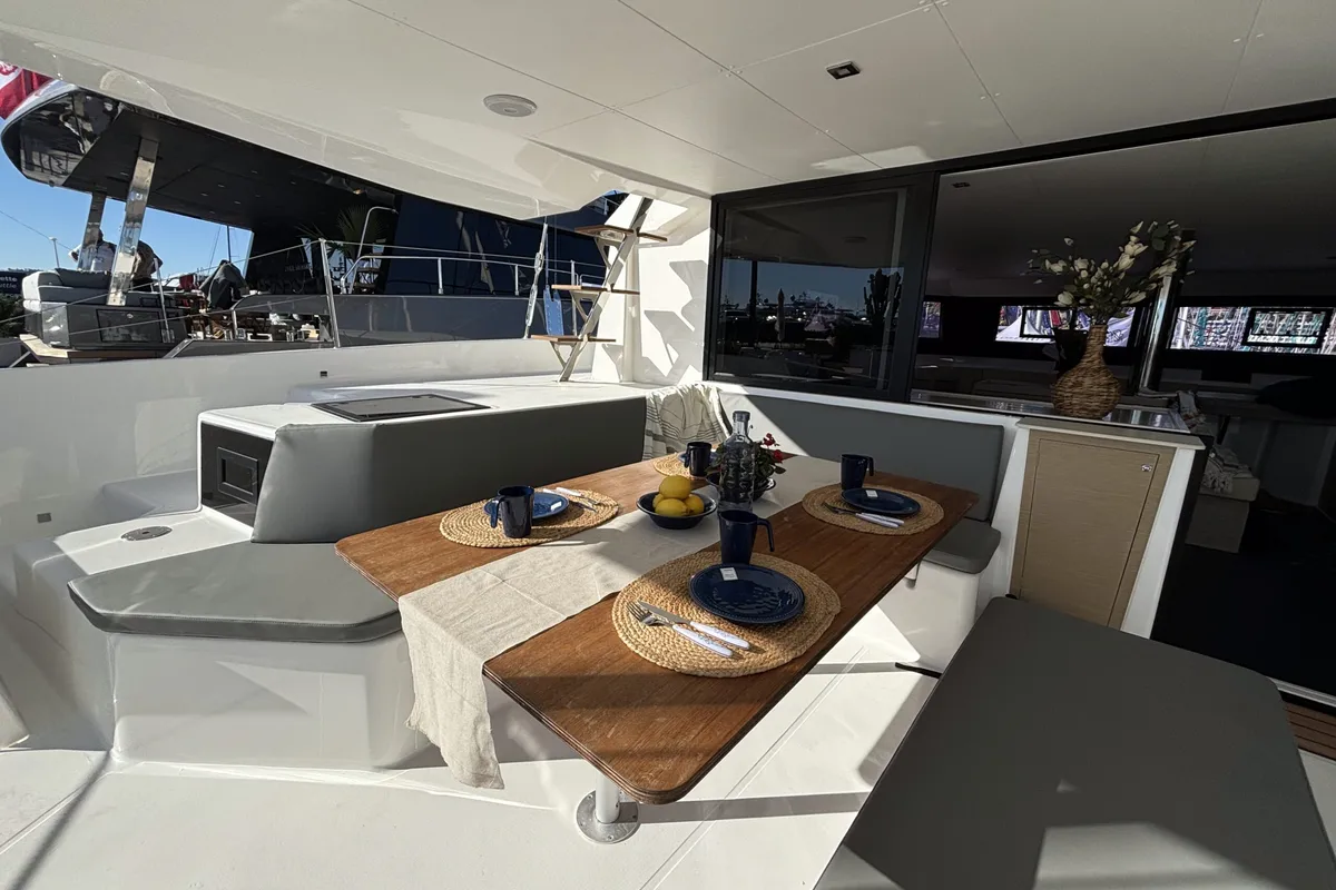 Deck of El Mar, a Dufour 48 Cat catamaran at Sant Antoni de Portmany, Spain