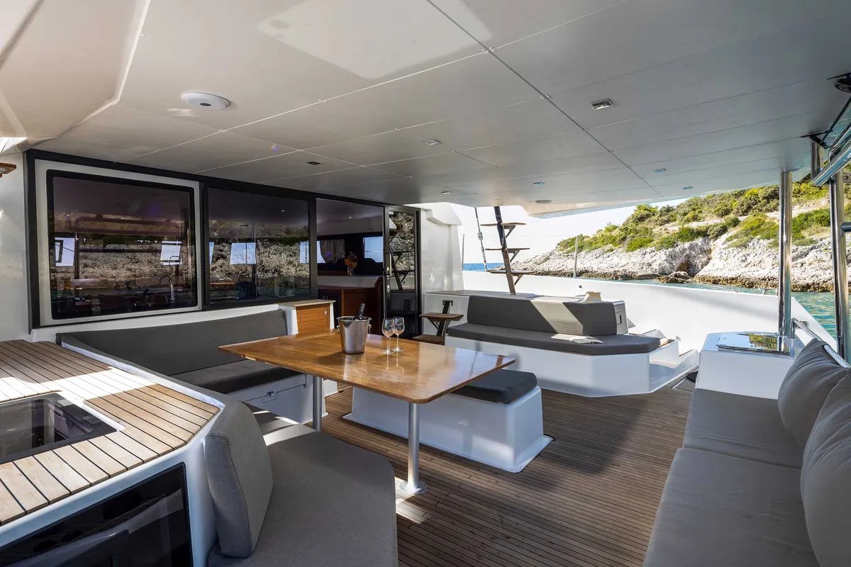 Deck of El Mar, a Dufour 48 Cat catamaran at Sant Antoni de Portmany, Spain