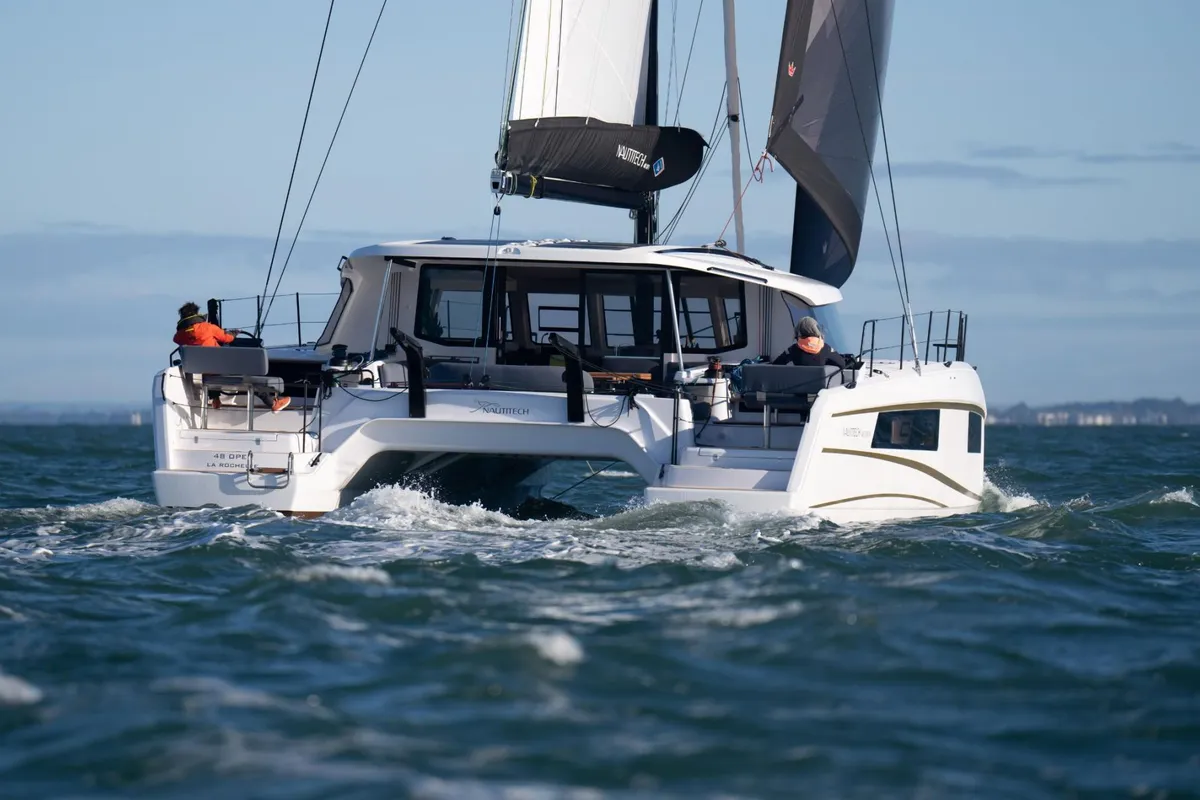 Exterior view of Xenial, a Nautitech 48 Open catamaran at Lavrion, Greece