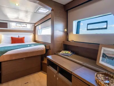 Cabin on Xenial, a Nautitech 48 Open catamaran at Lavrion, Greece