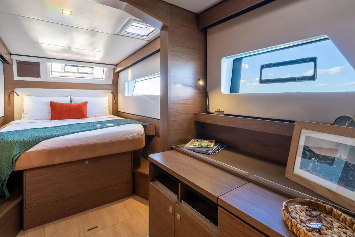 Cabin on Xenial, a Nautitech 48 Open catamaran at Lavrion, Greece