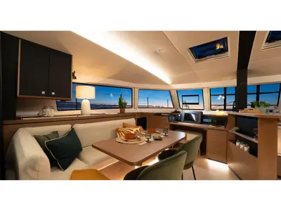 Salon of Xenial, a Nautitech 48 Open catamaran at Lavrion, Greece