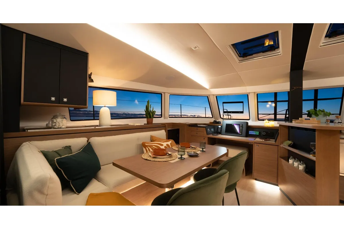 Salon of Xenial, a Nautitech 48 Open catamaran at Lavrion, Greece
