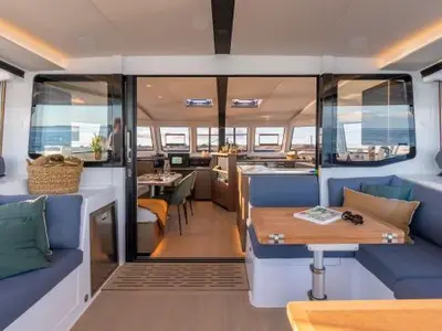 Deck of Xenial, a Nautitech 48 Open catamaran at Lavrion, Greece
