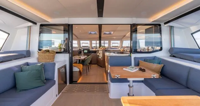 Deck of Xenial, a Nautitech 48 Open catamaran at Lavrion, Greece