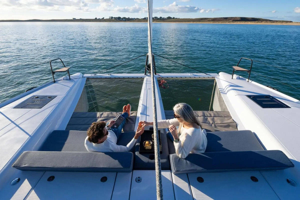 Deck of Xenial, a Nautitech 48 Open catamaran at Lavrion, Greece