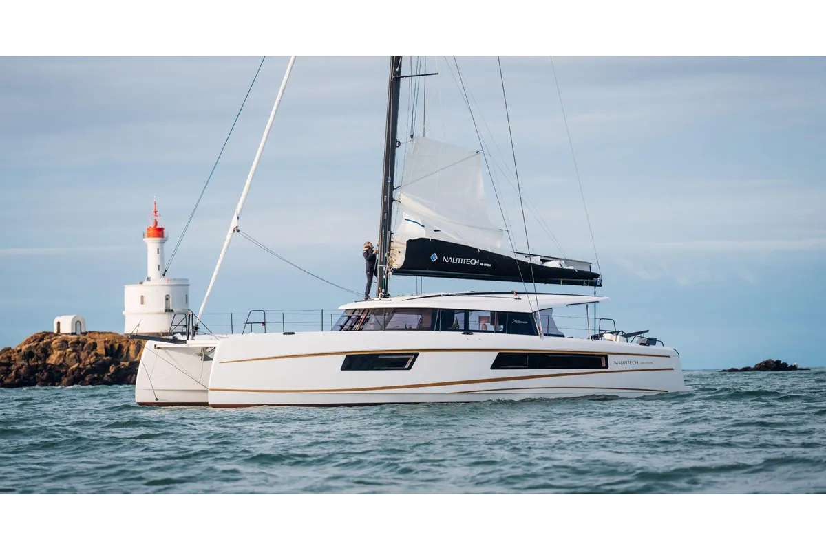 Exterior view of Xenial, a Nautitech 48 Open catamaran at Lavrion, Greece