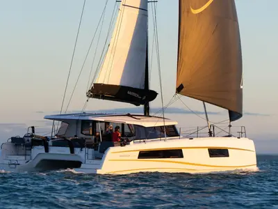 Exterior view of Xenial, a Nautitech 48 Open catamaran at Lavrion, Greece