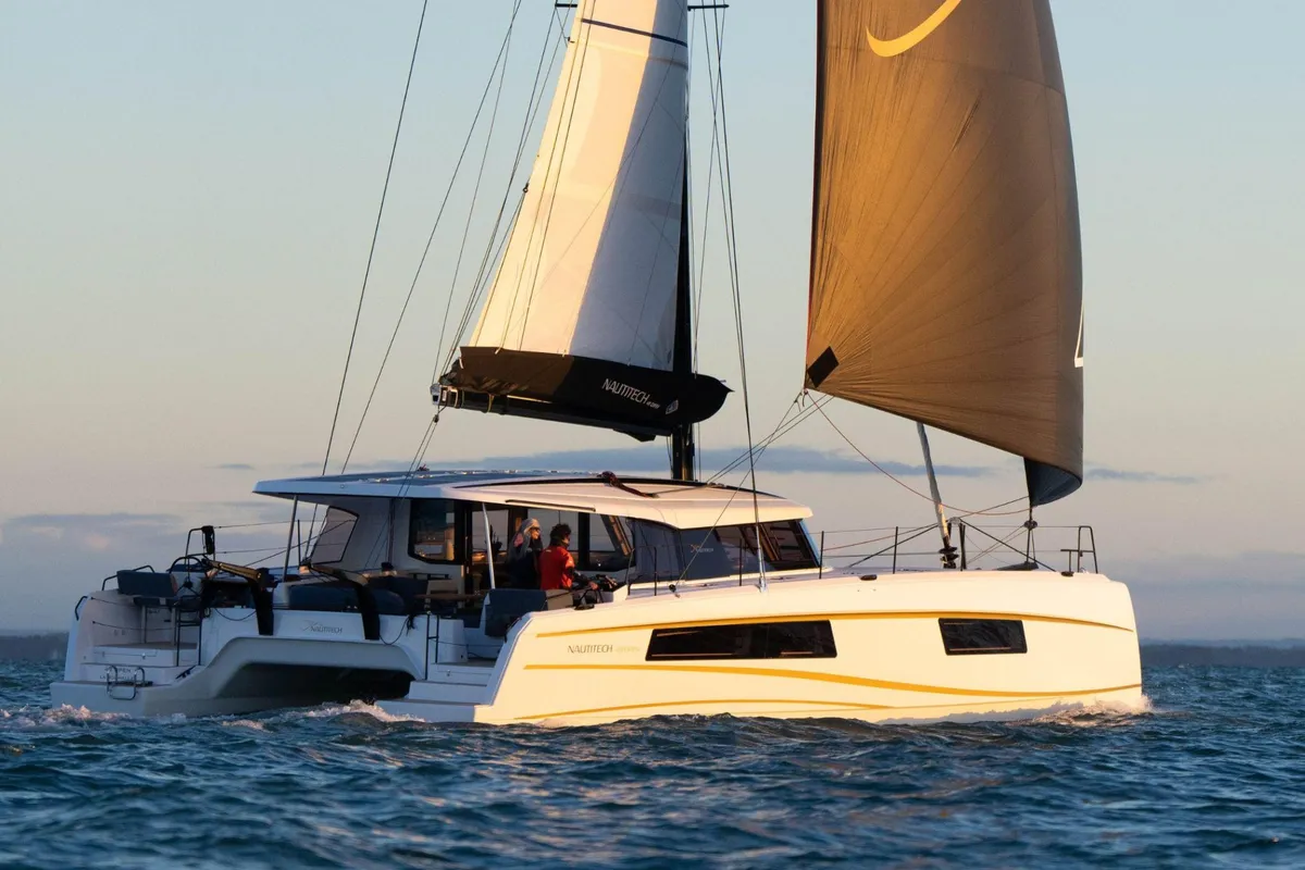 Exterior view of Xenial, a Nautitech 48 Open catamaran at Lavrion, Greece