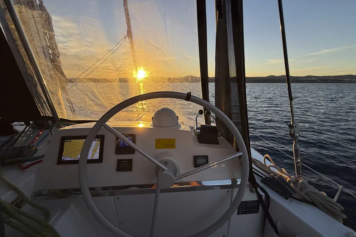 Cockpit of Jeux D'Hiver, a Bali 4.2 catamaran at Lavrion, Greece