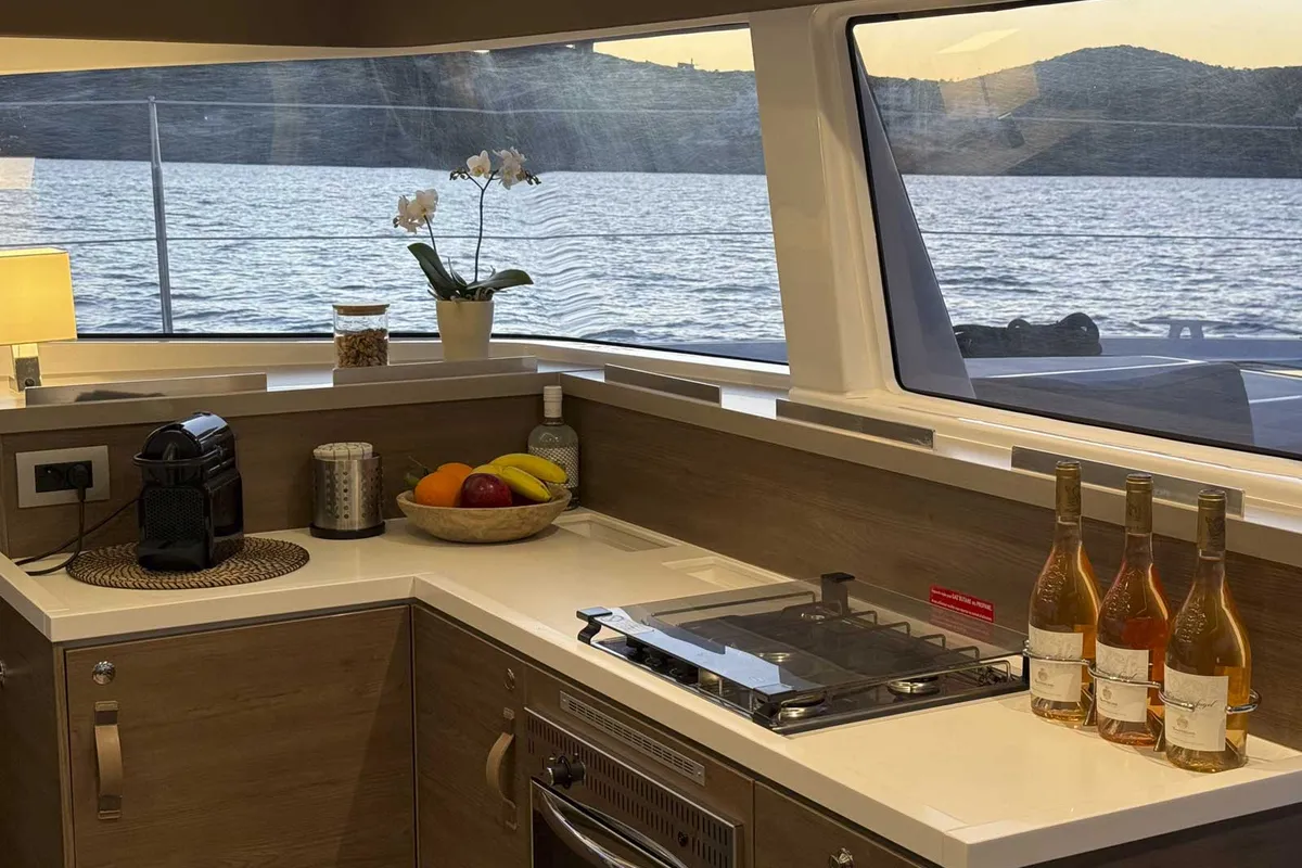 Galley of Jeux D'Hiver, a Bali 4.2 catamaran at Lavrion, Greece