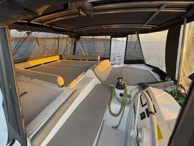 Cockpit of Jeux D'Hiver, a Bali 4.2 catamaran at Lavrion, Greece