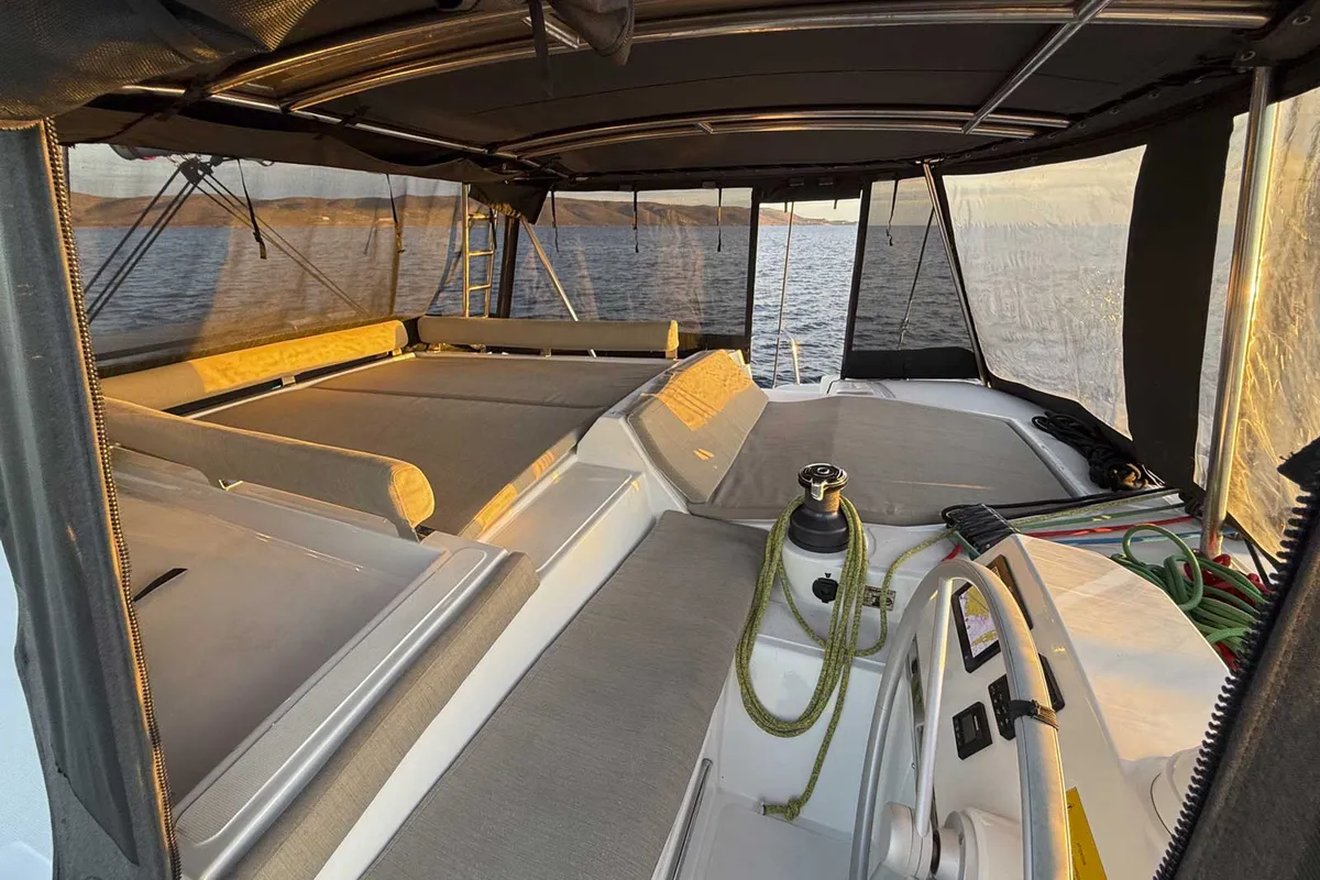 Cockpit of Jeux D'Hiver, a Bali 4.2 catamaran at Lavrion, Greece