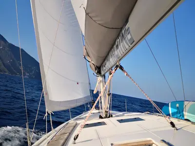 Deck of Red Horizon, a Bavaria C45 sailboat at Palermo, Italy