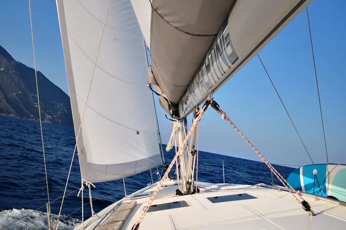 Deck of Red Horizon, a Bavaria C45 sailboat at Palermo, Italy