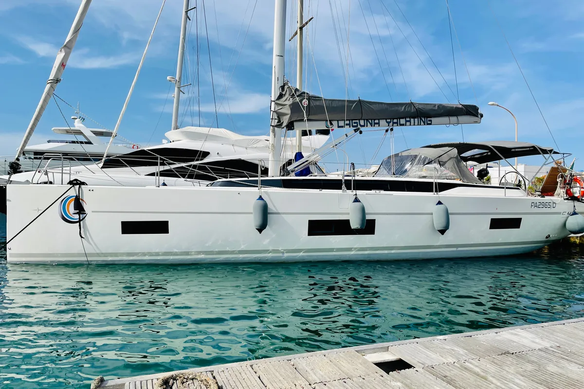 Exterior view of Red Horizon, a Bavaria C45 sailboat at Palermo, Italy