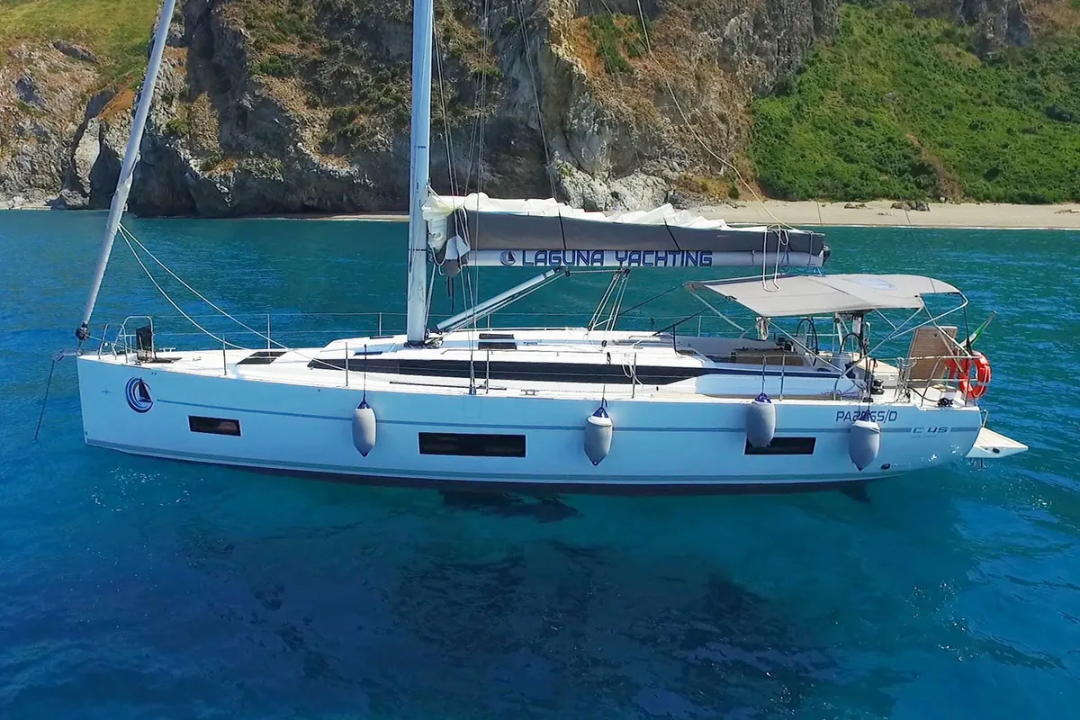 Exterior view of Red Horizon, a Bavaria C45 sailboat at Palermo, Italy