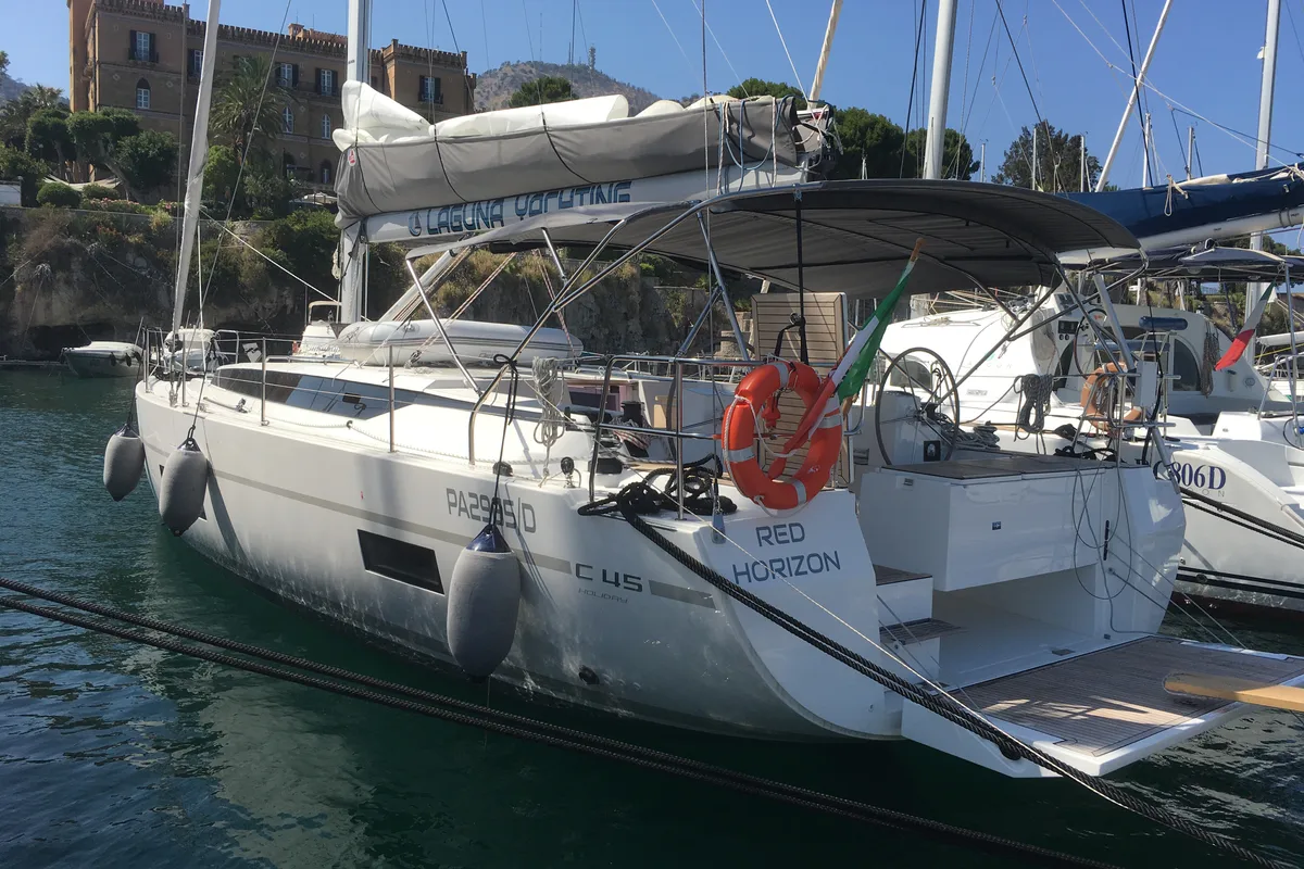 Exterior view of Red Horizon, a Bavaria C45 sailboat at Palermo, Italy