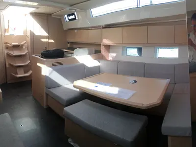 Salon of Red Horizon, a Bavaria C45 sailboat at Palermo, Italy