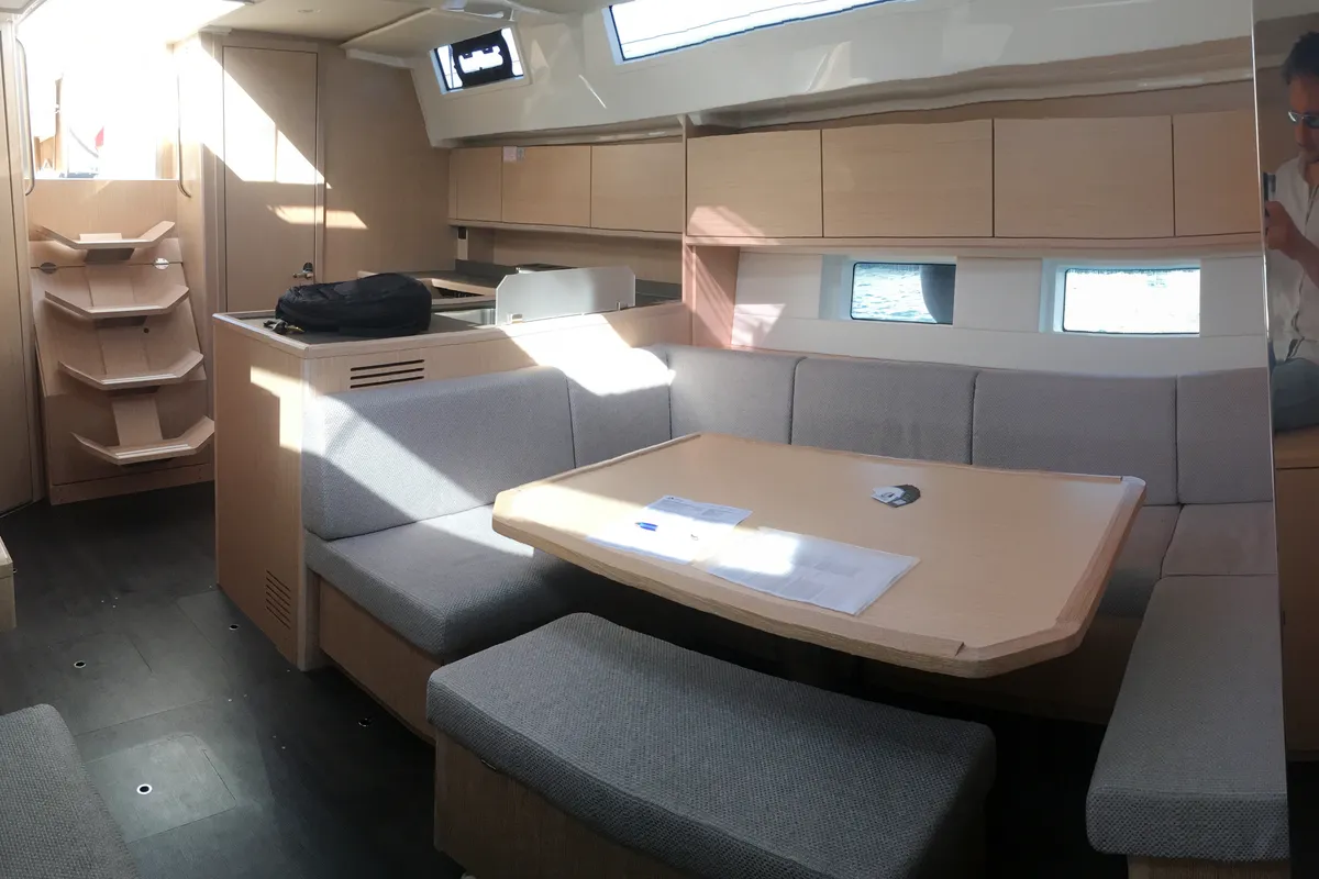 Salon of Red Horizon, a Bavaria C45 sailboat at Palermo, Italy