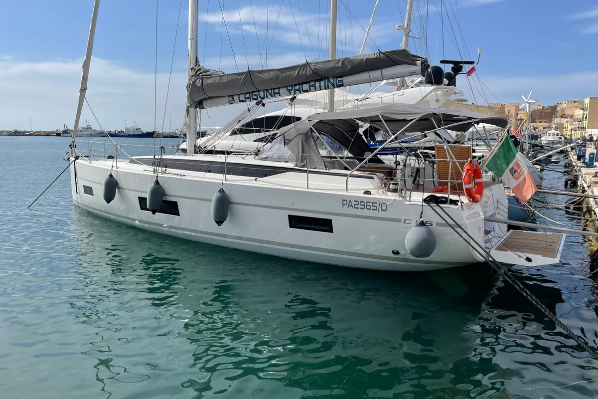 Exterior view of Red Horizon, a Bavaria C45 sailboat at Palermo, Italy