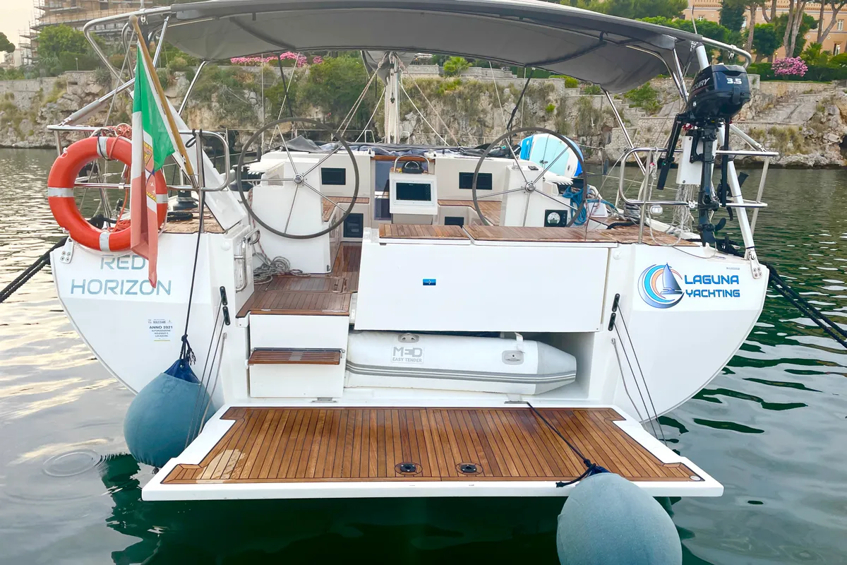 Deck of Red Horizon, a Bavaria C45 sailboat at Palermo, Italy